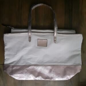 Victoria’s Secret Glam Canvas Rose Gold Trim Zipper Overnight Tote Bag READ